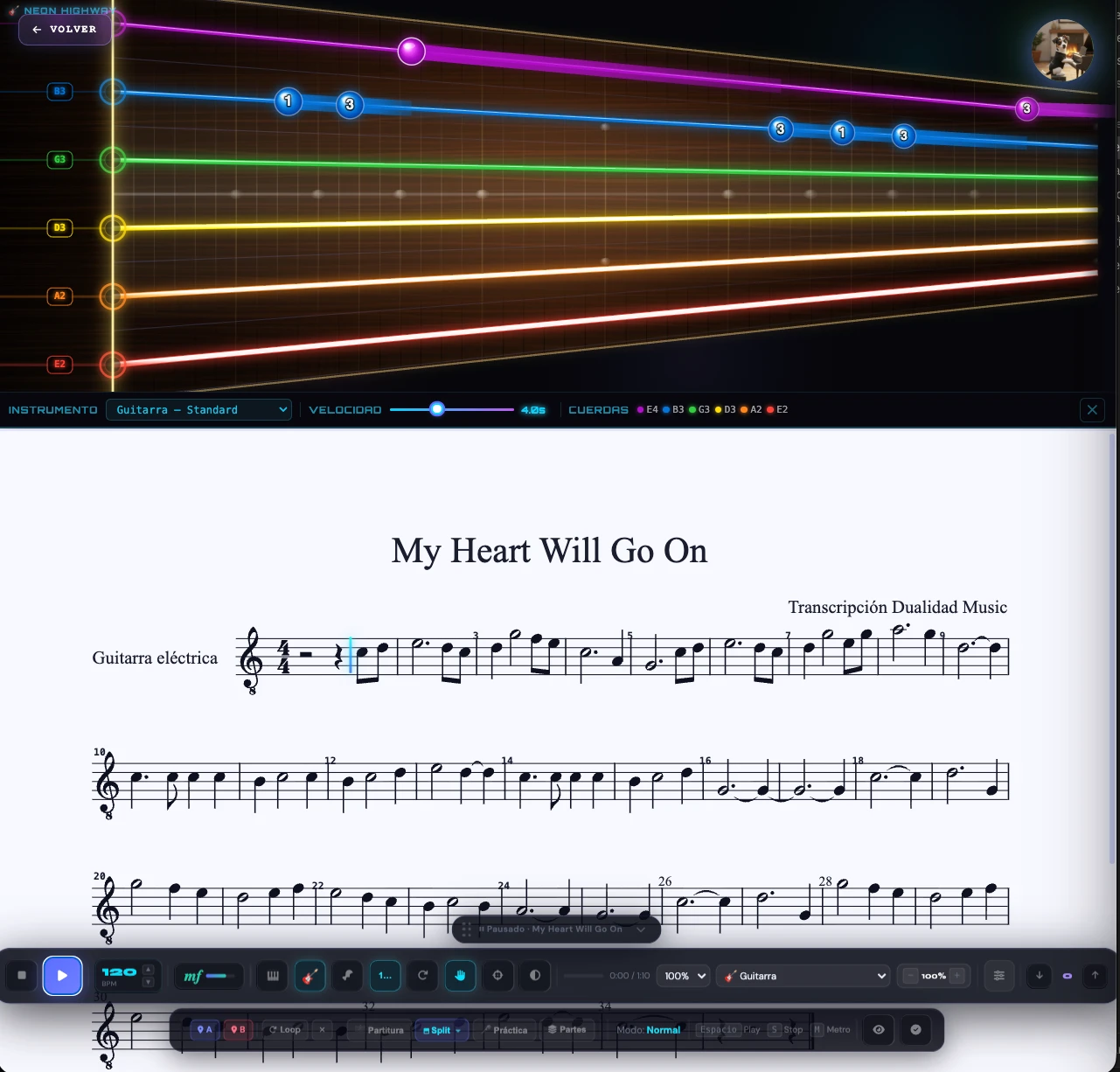 Modo guitarra con cuerdas iluminadas