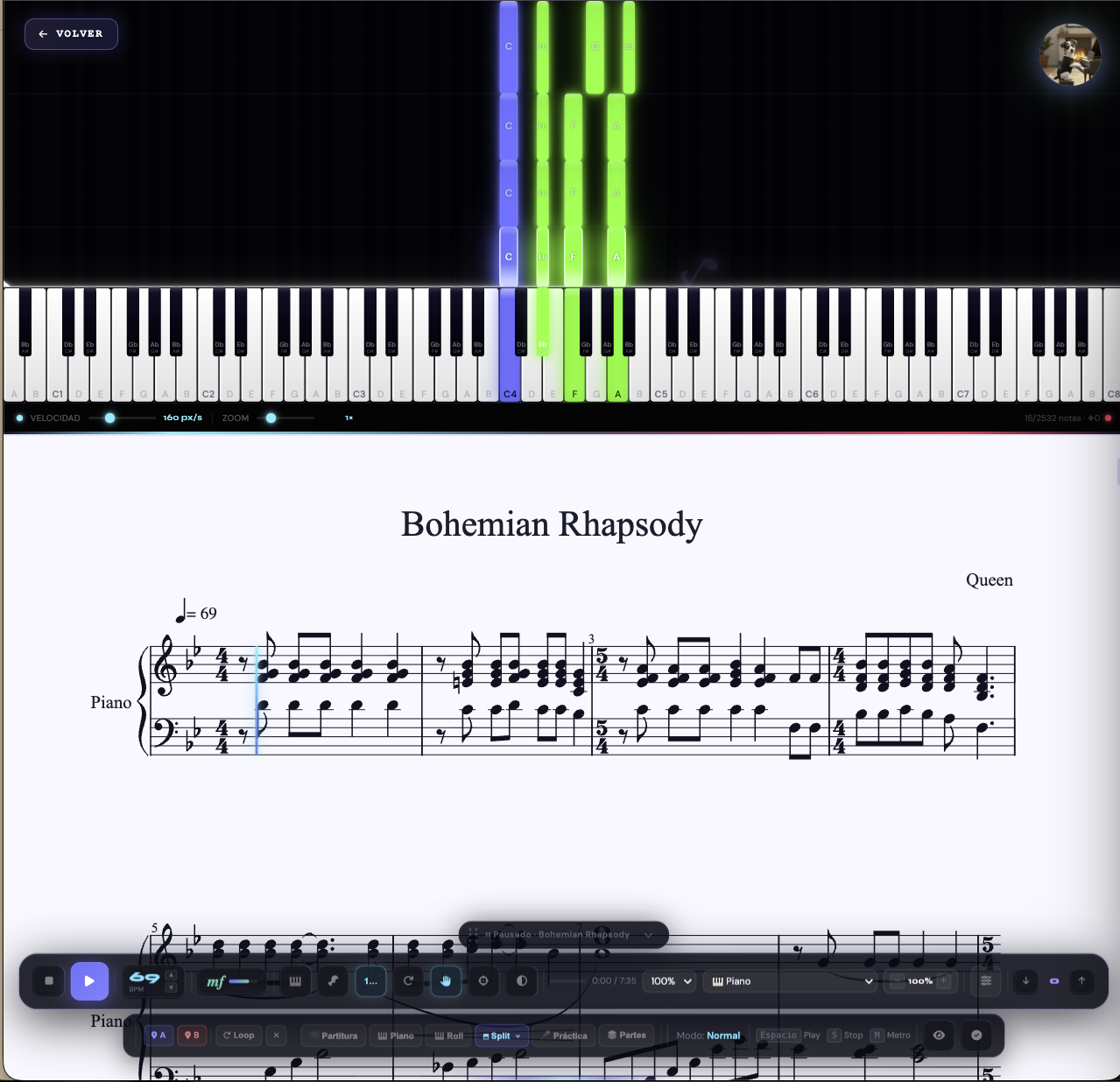 Partitura interactiva de Bohemian Rhapsody con piano roll